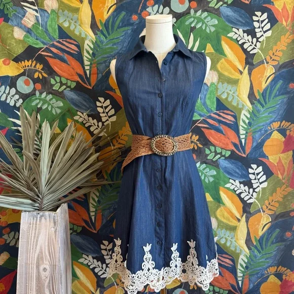 AB Studio | Dresses | Ab Studio Blue Midi Dress With White Lace Hem |  Poshmark